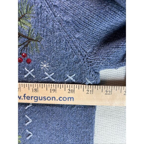 Blue Knit Holiday Cardigan PL Embroidered Winter Birds Cardinals Pinecones Zip - Picture 10 of 13
